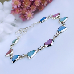 Pulseira de prata 925 corações com madrepérolas naturais azul e rosa (PB401) - loja online