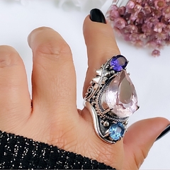 Maxi anel prata 925 com gemas extra quartzo rose de france, ametista e