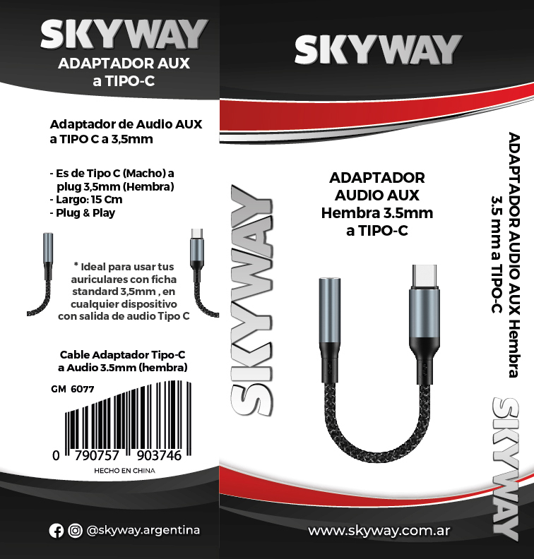 Adaptador de Audio TIPO C (Macho) a 3,5mm (Hembra) 4C - Ideal para conectar  Auriculares o parlantes 3,5mm en USB C En Caja - Skyway