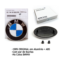 Emblema BMW 74mm Alumínio Serie 1 3 5 6 7 X1 X3 X5 X6 Z3 Z4 +Buchas Original® na Caixa