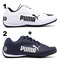 Kit 2 Pares Tênis Puma Bmw Cat 2 Branco e Preto + Marinho e Branco