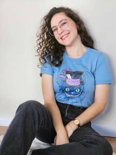 Camiseta Gato de Cheshire - Feminina, azul, 100% algodão Premium, Estampada - loja online