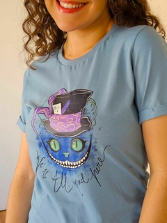 Camiseta Gato de Cheshire Feminina azul 100 algodao Premium Estampada