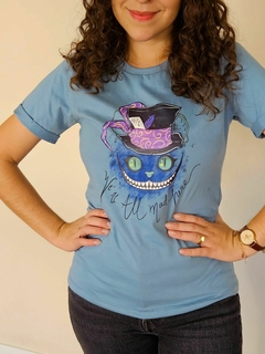 Camiseta Gato de Cheshire - Feminina, azul, 100% algodão Premium, Estampada na internet