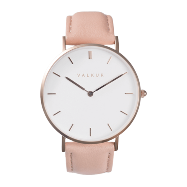 reloj mujer dorado con correa de cuero rosa marca Valkur diseñado en Argentina