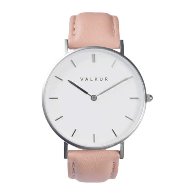 reloj mujer plateado correa de cuero rosa marca Valkur diseñado en Argentina