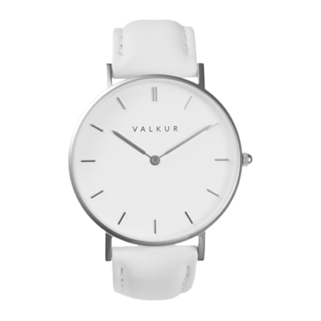 reloj mujer plateado con correa cuero blanco marca Valkur diseñado en Argentina