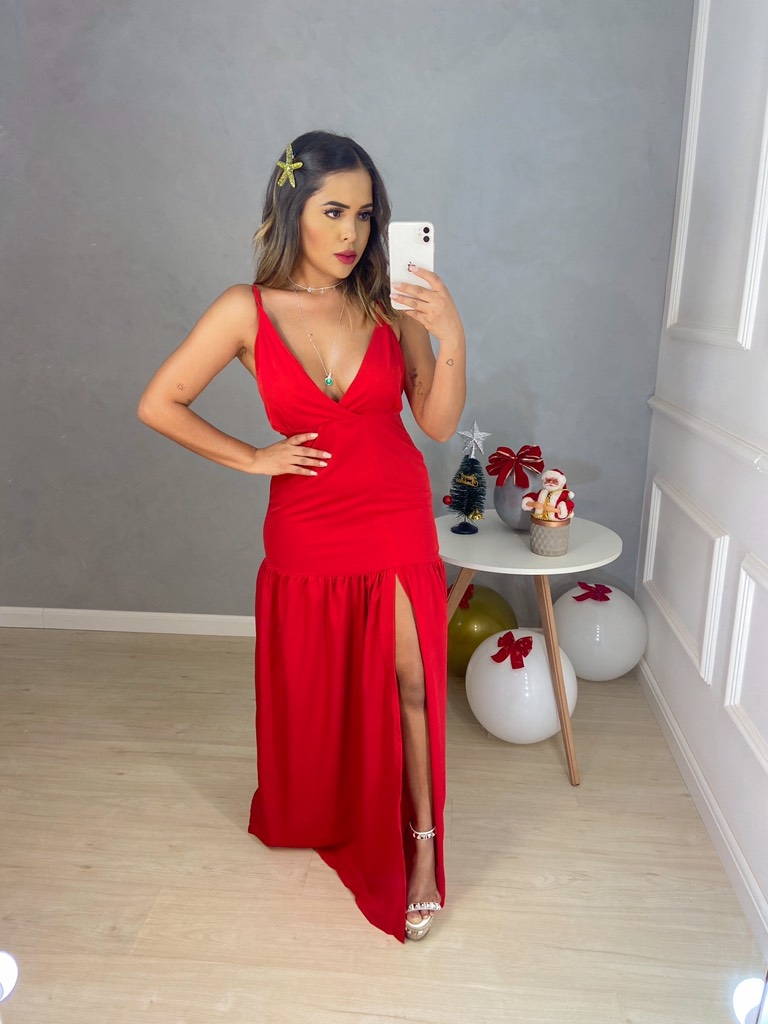 Vestido longo com fenda frontal - vermelho