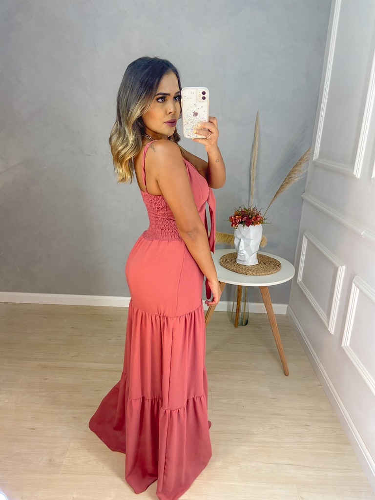 Vestido longo nozinho camadas - rosa goiaba