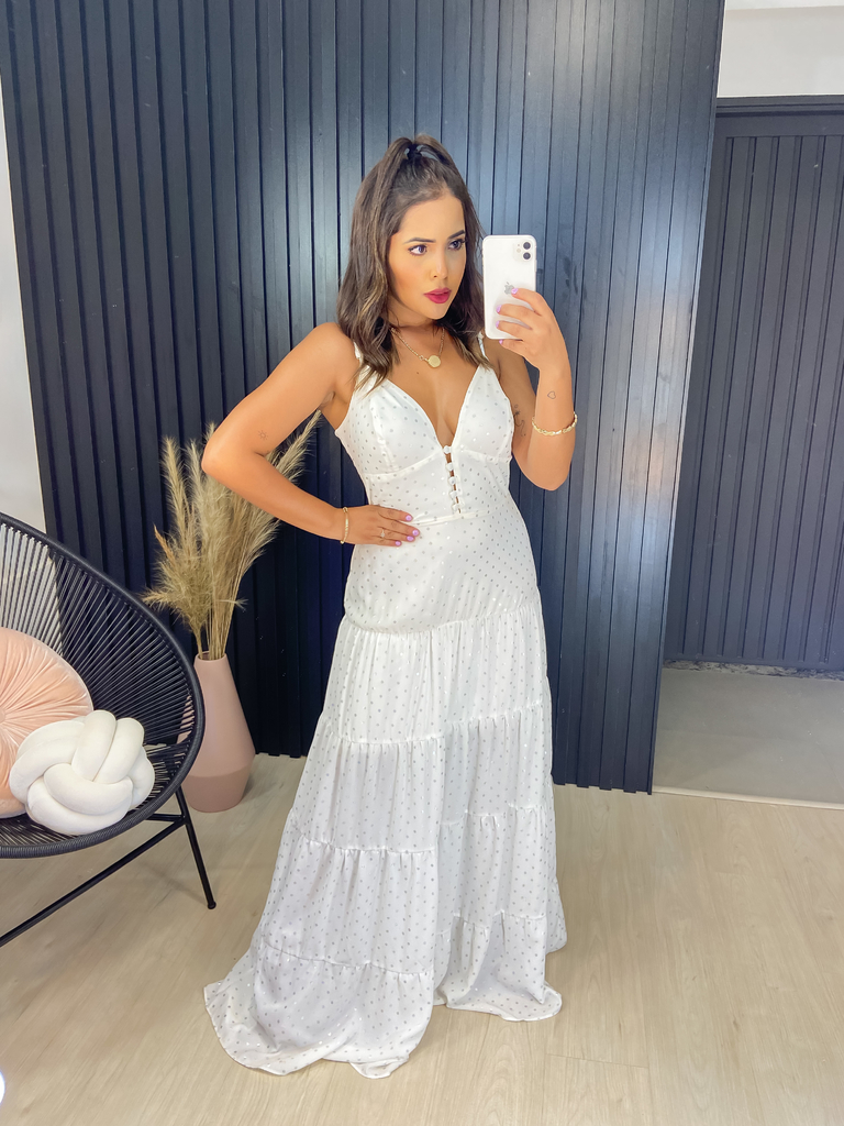 Vestido longo botão encapado com poá brilhoso branco