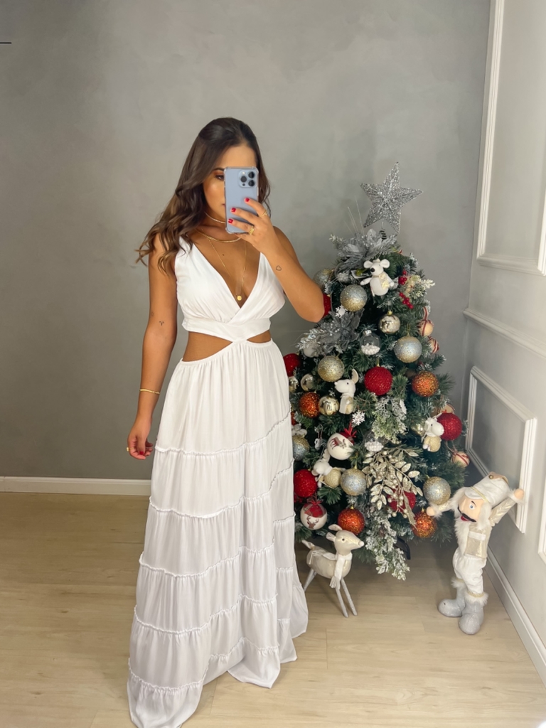 Vestido Branco Longo com Camadas e Recorte - Amor de Peça