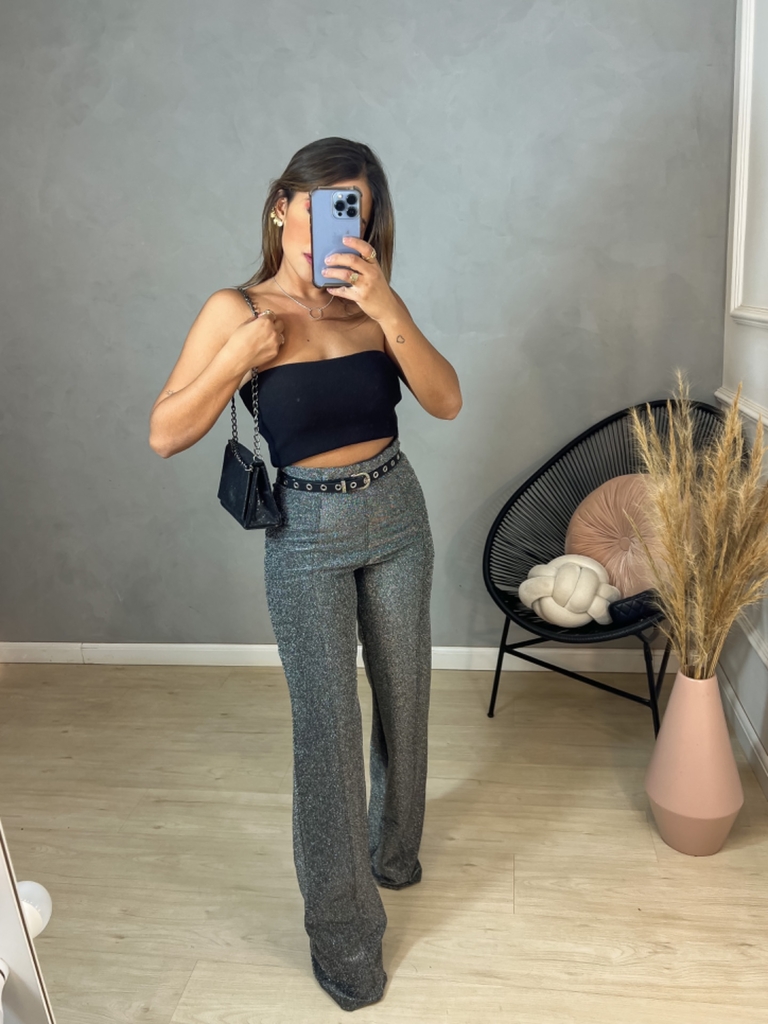 Calça Flare Prata em Lurex - Amor de Peça