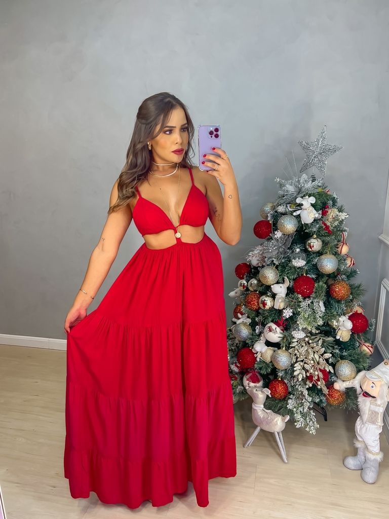 Vestido Vermelho Longo com Camadas e Decote - Amor de Peça