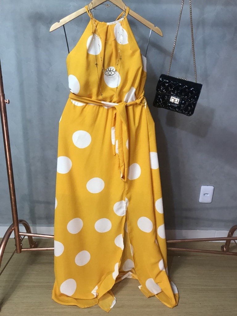 Vestido longo frente única poá amarelo