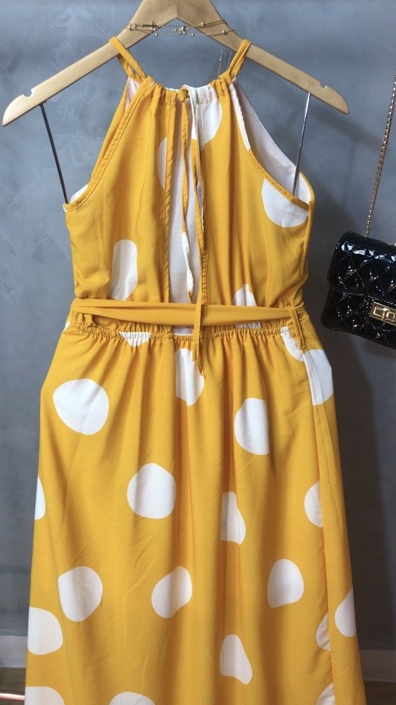 Vestido longo frente única poá amarelo