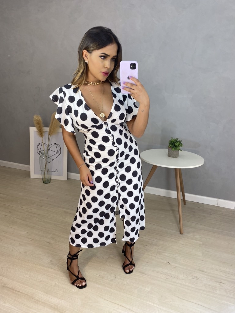 Vestido MIDI Poá Branco e Preto - Amor de Peça