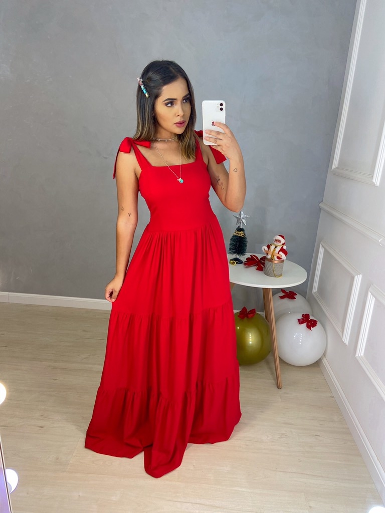 Vestido ombro a sales ombro longo vermelho