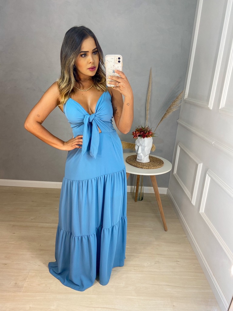 Vestido azul store pastel longo