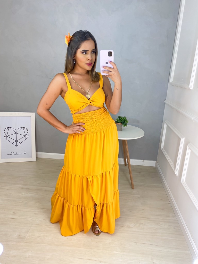 Conjunto Cropped e Saia MIDI Mostarda - Amor de Peça