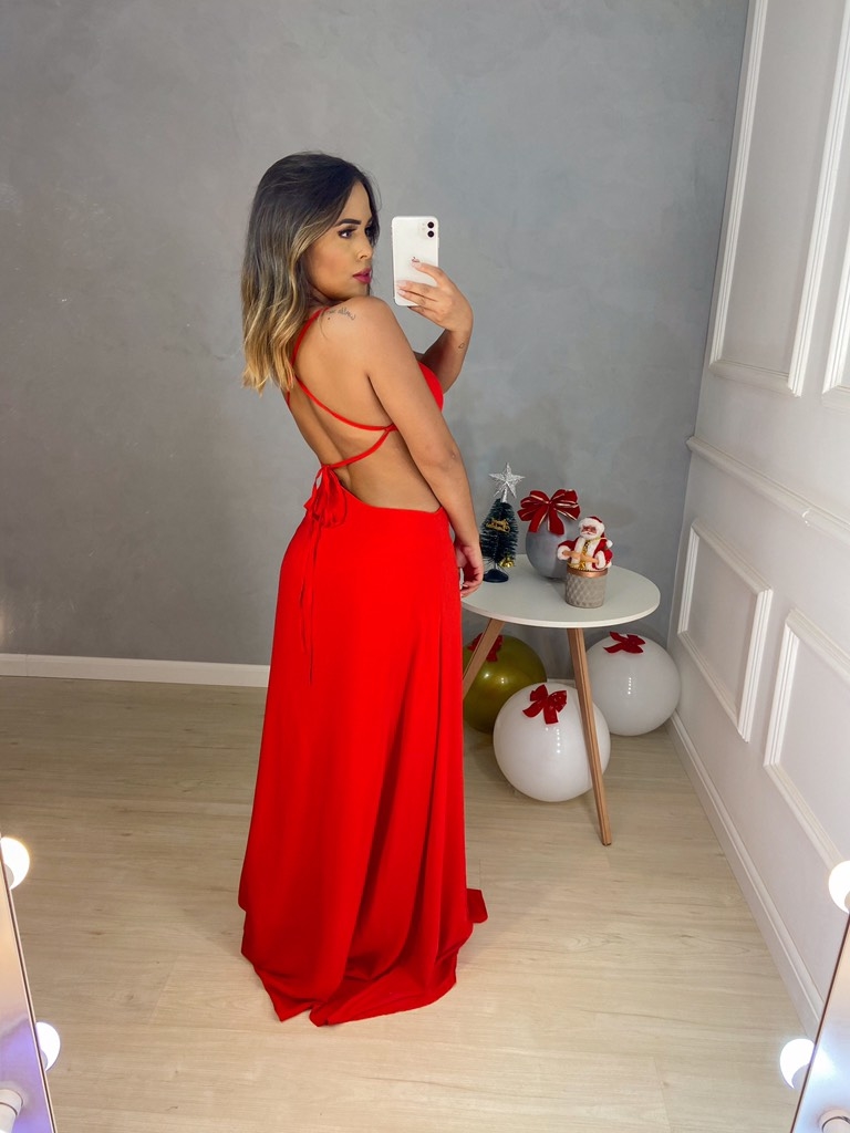 Vestido longo com fenda na cintura - vermelho