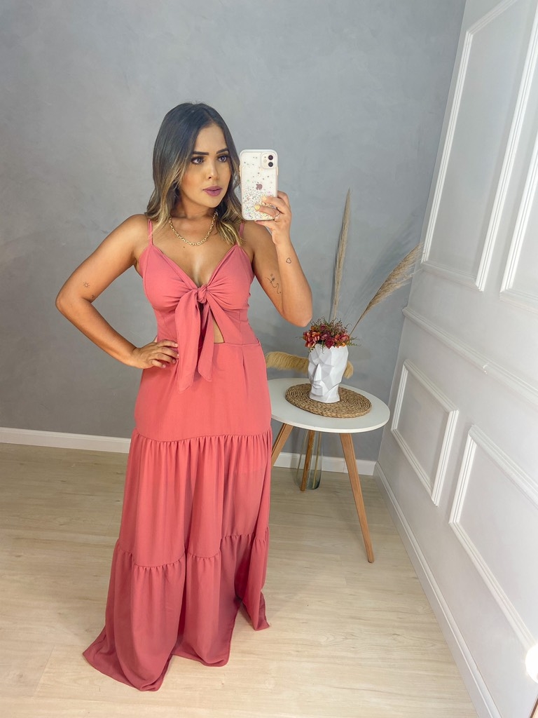 Vestido longo nozinho camadas - rosa goiaba