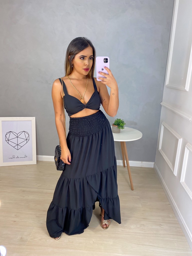Conjunto de Cropped e Saia MIDI Preto Amor de Pe a