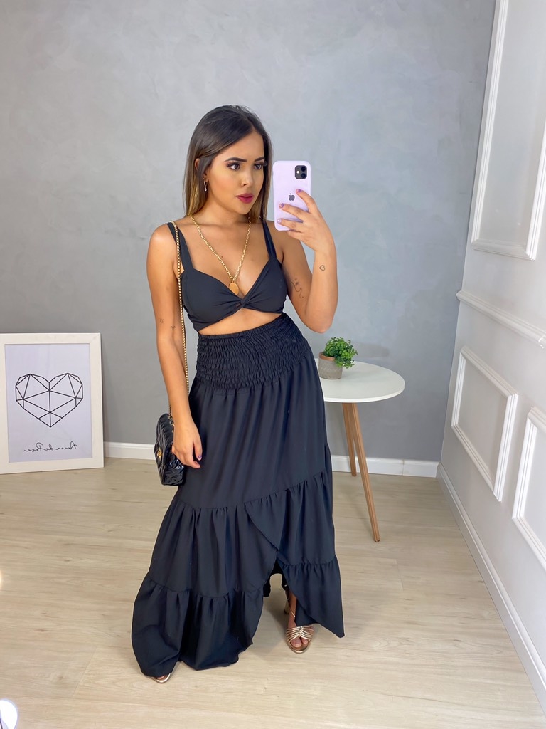 Conjunto de Cropped e Saia MIDI Preto - Amor de Peça