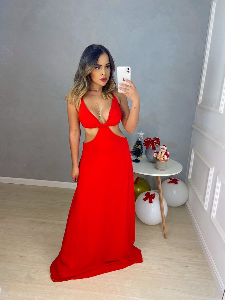 Vestido longo com fenda na cintura - vermelho