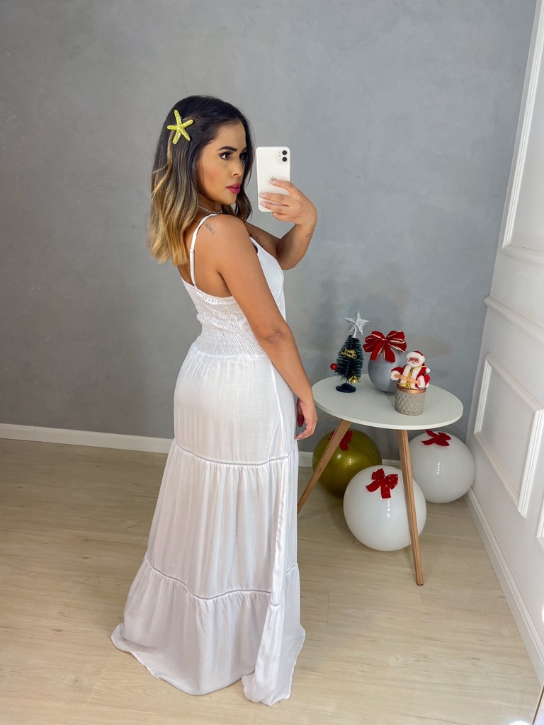 Vestido longo nozinho frontal - linho branco