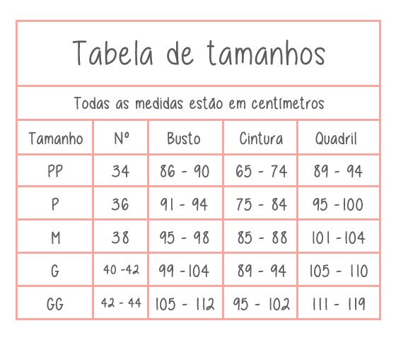 Tabela de Tamanhos para roupas