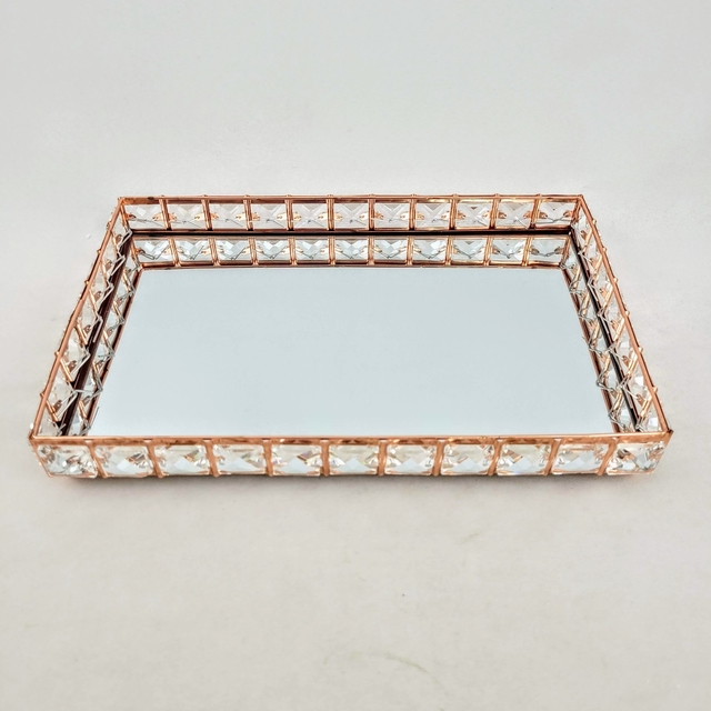 Bandeja Decorativa Retangular Rose Gold Cobre Cristal com Espelho 30cm  KV0249 BTC-Paris Luz - Loja online de Iluminação