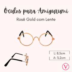 Óculos para Amigurumi com Lente Redonda Transparente e Armação Rose Gold com Preto