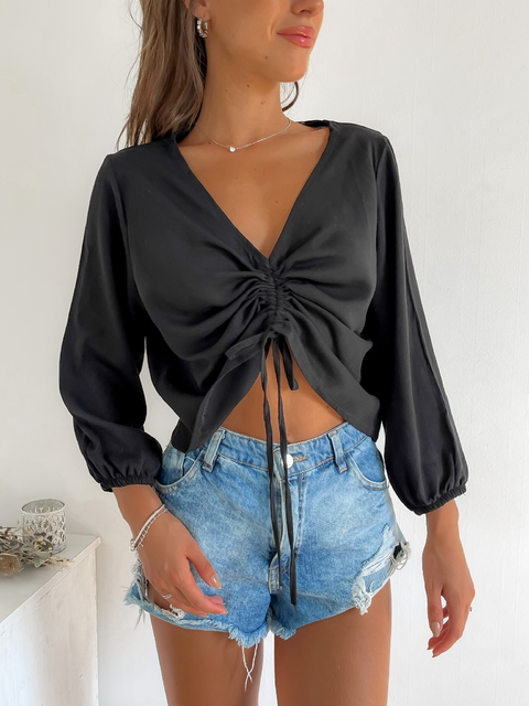 Blusa lino spandex escote V con frunce regulable Albali