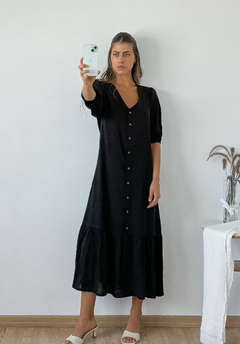 Vestido lino spandex largo abotonado y mangas abullonadas Azalea - tienda online