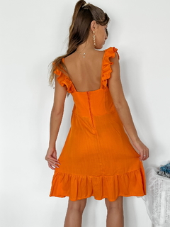 Vestido lino spandex con cierre atrás, escote cuadrado recorte en cintura y volados Floripa - tienda online
