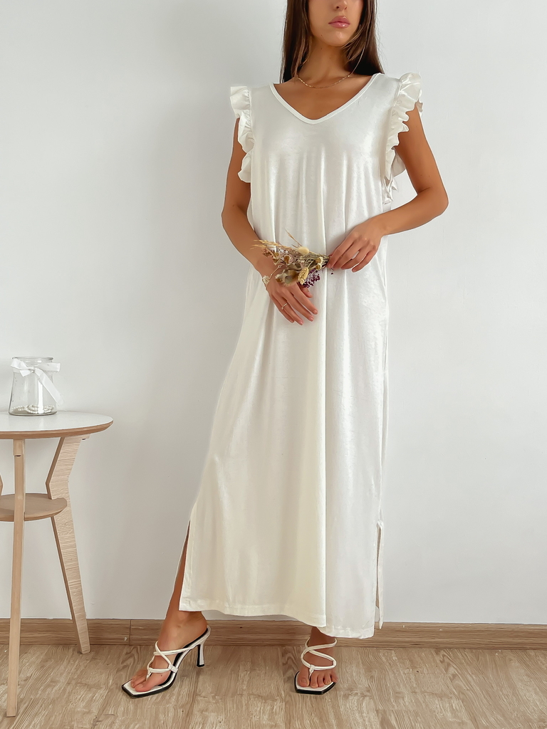 Vestido modal viscosa escote V con volados y tajo Gibraltar
