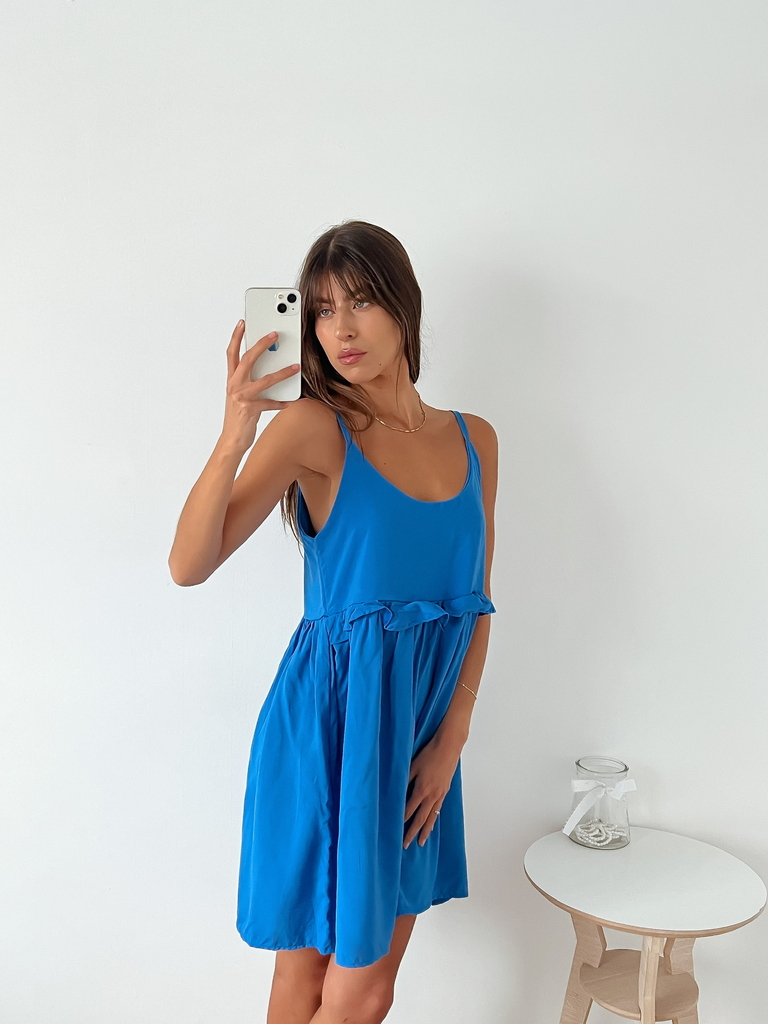 Vestido corto fibrana con breteles y volado en cintura Mykonos