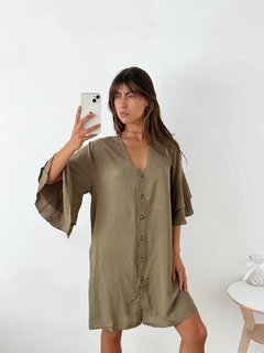 Vestido fibrana abotonado escote V y manga volados Praga - tienda online