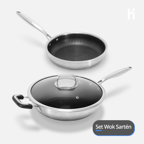 Set Wok + Sartén grill en Acero Inoxidable + Delantal Chef de regalo  HI-KB201