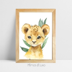 QUADRO UNITÁRIO LEÃO SAVANA AQUARELA FUNDO FOLHA