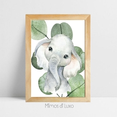 QUADRO UNITÁRIO ELEFANTE SAVANA AQUARELA FUNDO FOLHA