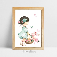 QUADRO UNITÁRIO MENININHA E CESTO DE FLOR AQUARELA 04