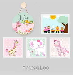 COMBO SAFARI ROSA - KIT 4 QUADROS + PLACA DECORATIVA