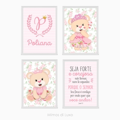 KIT QUADROS URSINHA PRINCESA FUNDO LISTRAS E FLORAL