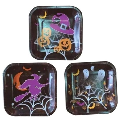 Platos Halloween Negro Bruja X 10 U Calabaza Cuadrado