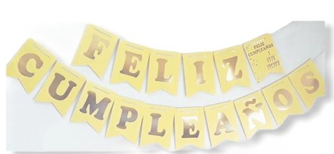 Banderin Amarillo pastel letras Doradas Gold Mundo Feliz Cumpleaños!