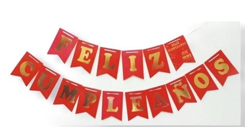 Banderin Rojo letras Doradas Gold Mundo Feliz Cumpleaños!