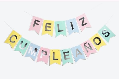 Banderin Feliz Cumpleaños Multicolor Pastel letras Doradas