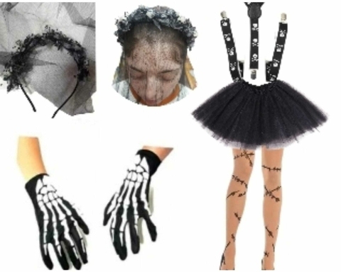 Set Vincha Calavera Medias Esqueleto Tutu Guantes Halloween