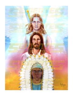 Impressão Colorida Arcanjo Miguel, Jesus e Pai Seta Branca.